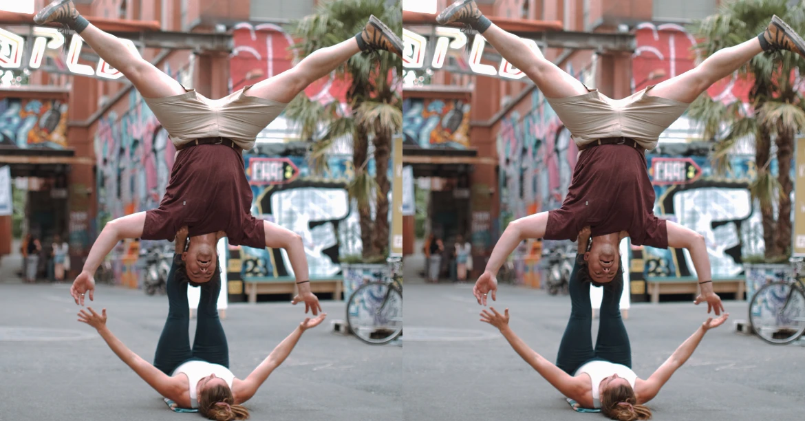 urban acro yoga pose of acroyoga in the event Find the balance